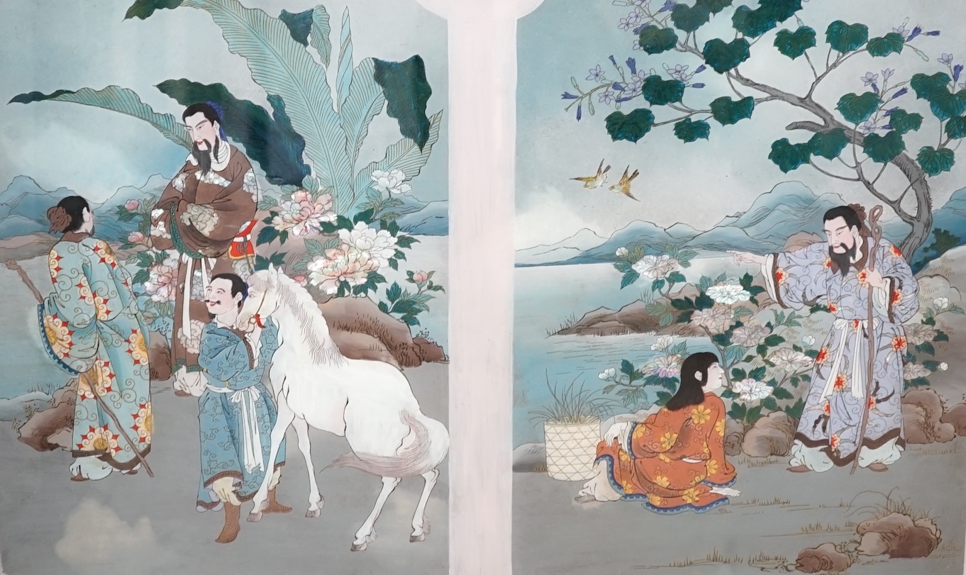 20th century Japanese School, reverse glass painted picture, Figures before landscapes, overall 39 x 59cm, housed in a painted lacquered frame. Condition - fair to good